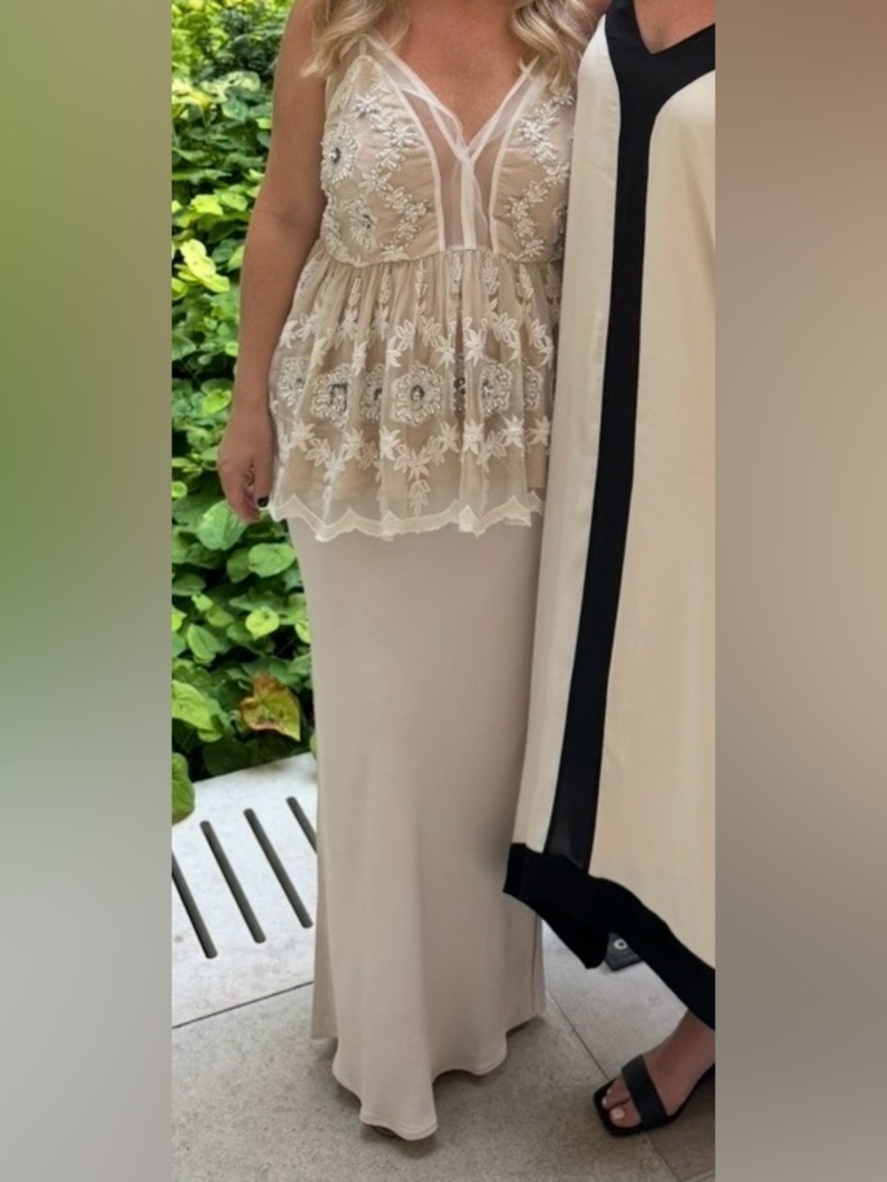 Anthropologie Beige Maxi Skirt with Lace Overlay